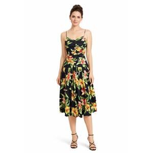 Vintage SUE WONG Tropical Hawaiian Print Midi Dress S Drop Waist Resort Tiki